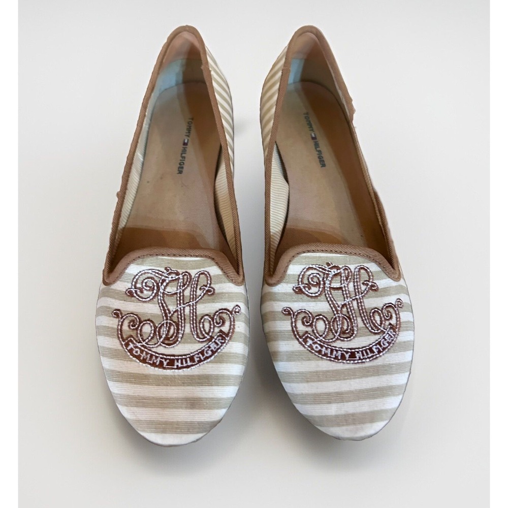 Tommy Hilfiger Monogrammed Women's Flats Beige & Tan Stripe Size 8M‎ TWPQLLY